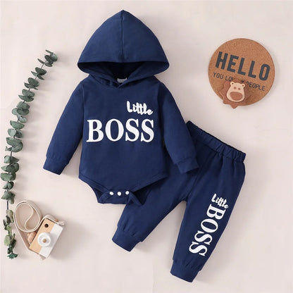 Cute baby boy in a light blue hoodie jumpsuit and pants set, ideal for everyday wear.