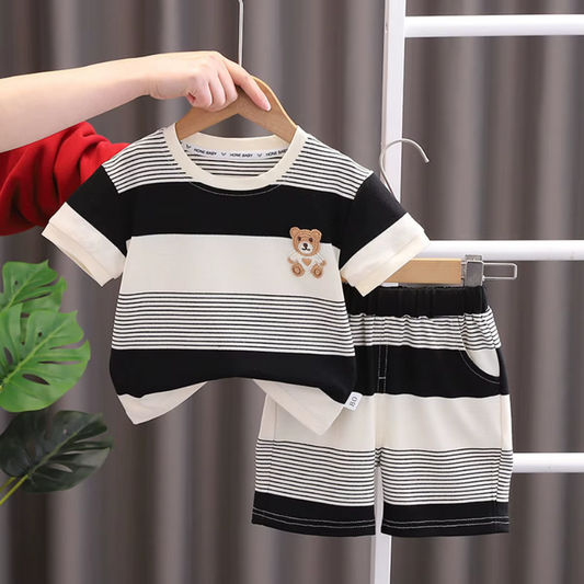 Baby boy's two-piece cotton set with cute bear print top and matching shorts, ideal for summer playtime.