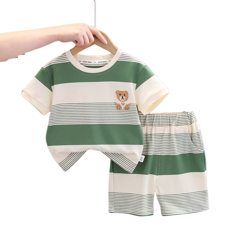 Cute bear print top and shorts set for baby boys, perfect for comfortable summer wear and playtime.