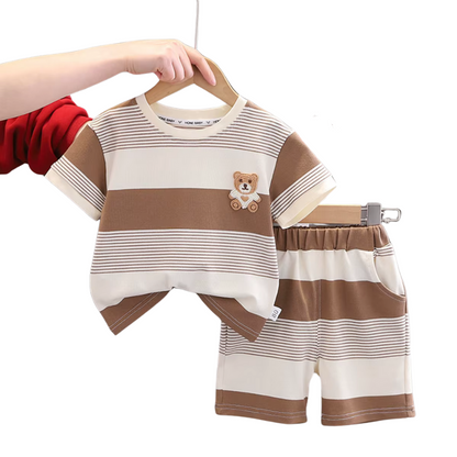 Two-piece baby boy outfit with a charming bear print shirt and soft cotton shorts for everyday wear.