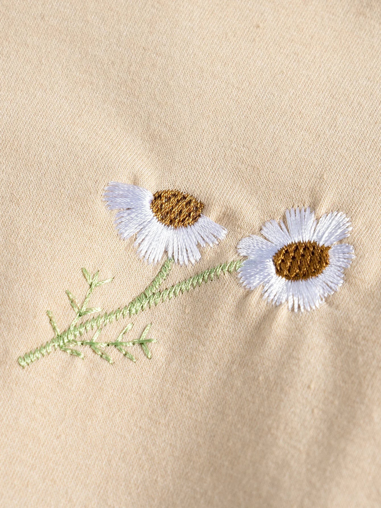 Boys' casual wear: White t-shirt with daisy embroidery on front, paired with simple blue shorts