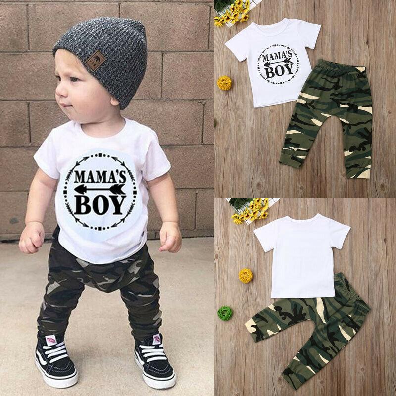Baby boy's white t-shirt & camouflage pants outfit set, perfect for casual summer wear.