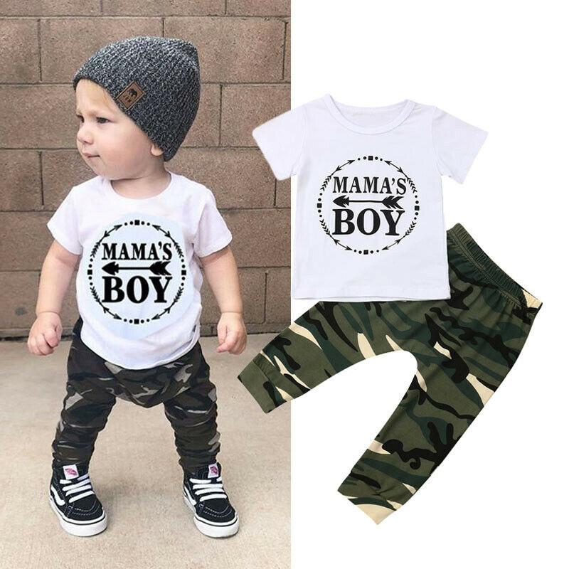 Infant fashion: White short-sleeve t-shirt paired with green camo pants for baby boys.