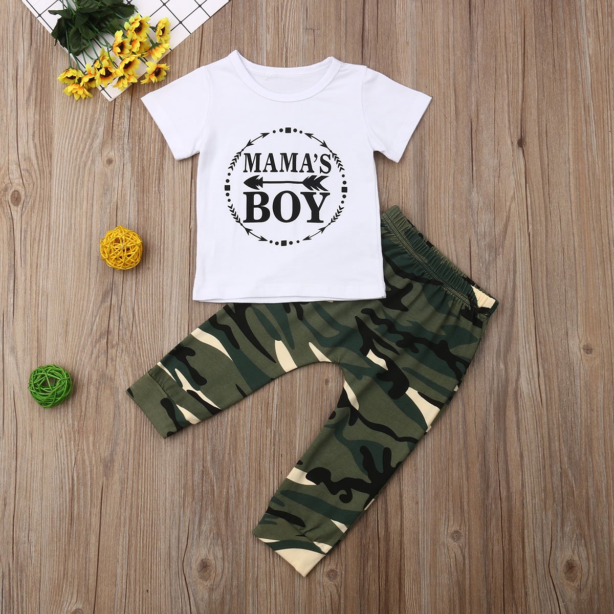 Cotton blend baby boy outfit featuring a plain white tee and stylish camouflage bottoms.