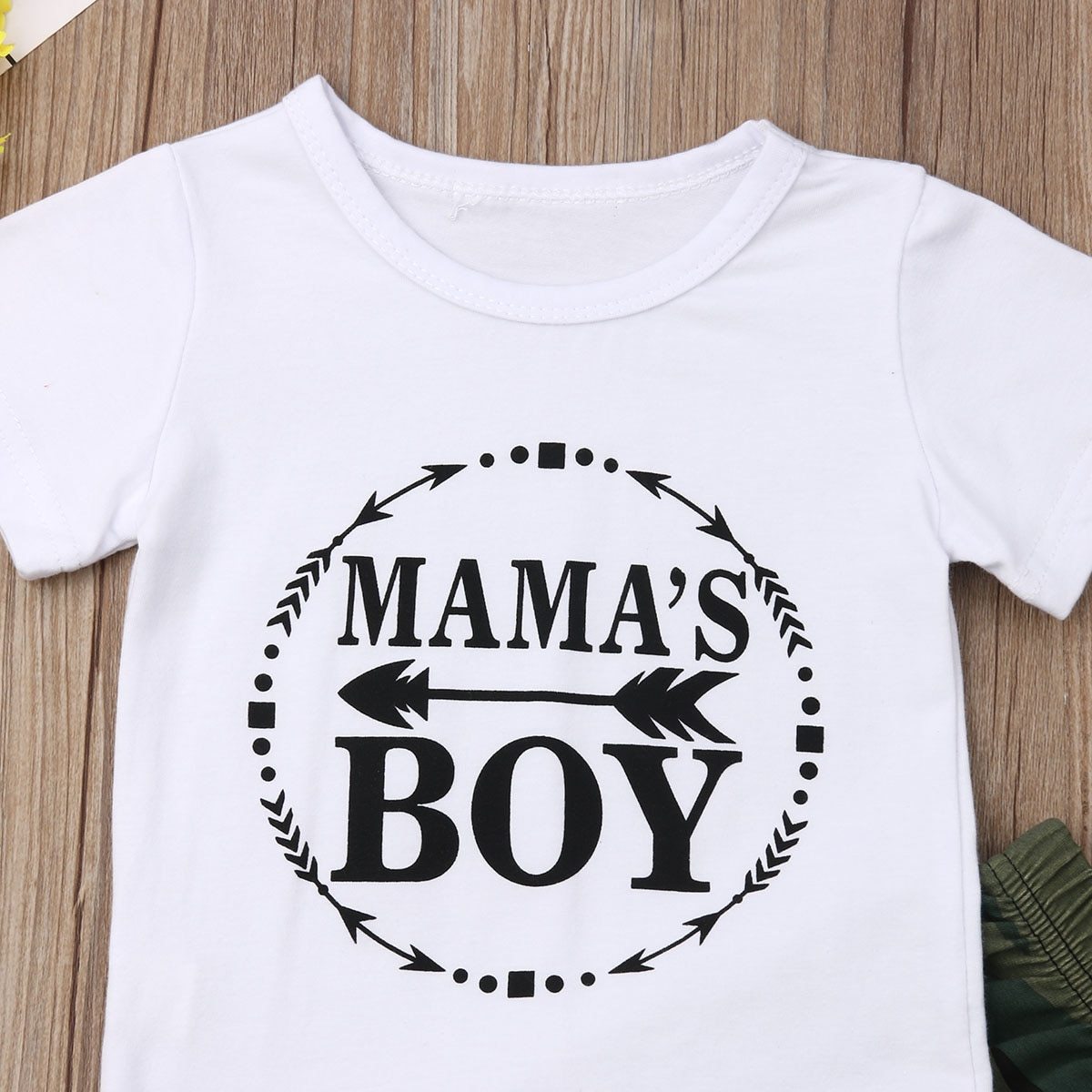 Toddler male clothes set: Classic white t-shirt and trendy camouflage print pants.