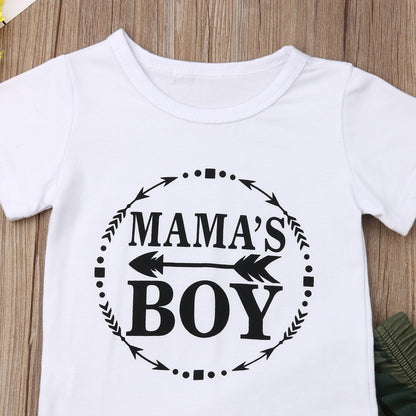 Toddler male clothes set: Classic white t-shirt and trendy camouflage print pants.