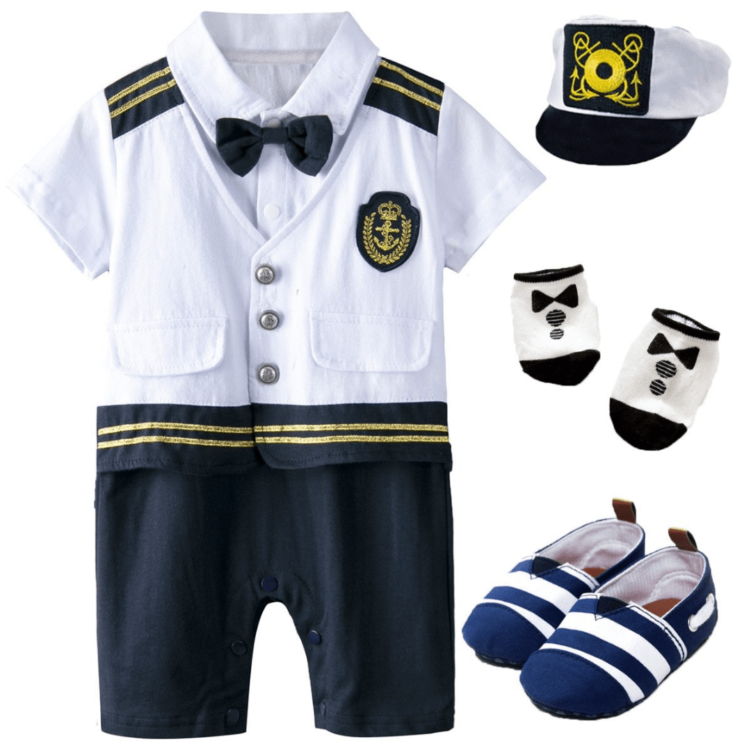 Baby boy sailor captain jumpsuit set, navy and white with hat, for special occasions.