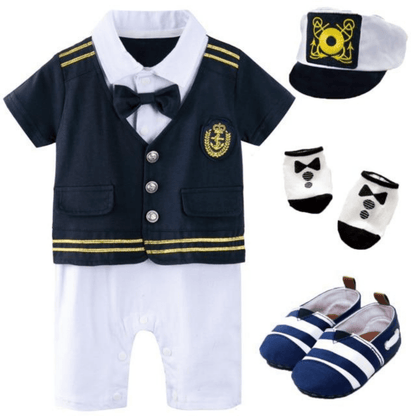 Infant boy's nautical captain jumpsuit, cotton, with sailor collar and matching hat.
