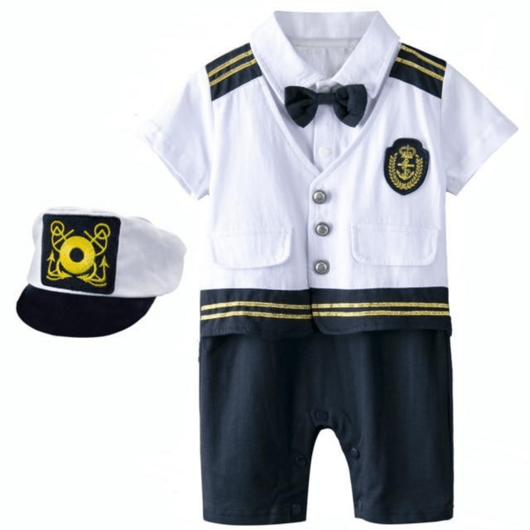 Toddler boy sailor suit jumpsuit in navy and white, perfect for summer formal wear.