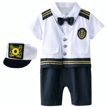 Toddler boy sailor suit jumpsuit in navy and white, perfect for summer formal wear.