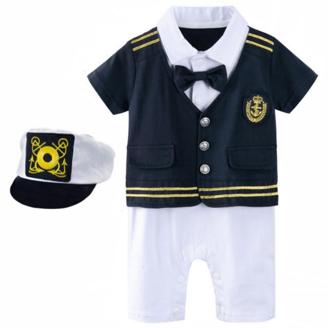 Cute baby boy captain outfit, one-piece jumpsuit with sailor detailing and headwear.