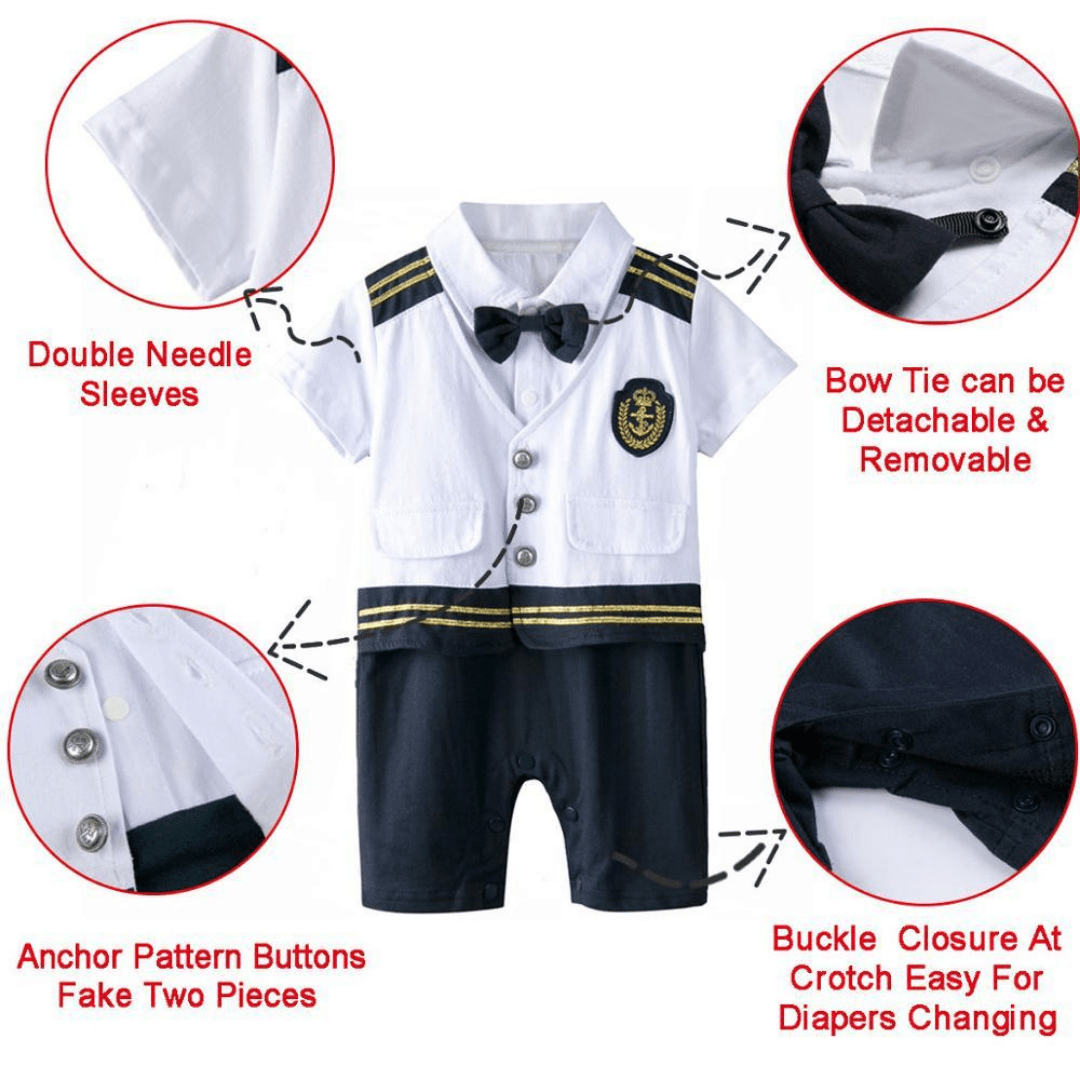 Boy's special occasion infant playsuit, sailor captain style, made from soft cotton.