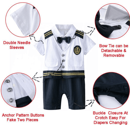 Boy's special occasion infant playsuit, sailor captain style, made from soft cotton.