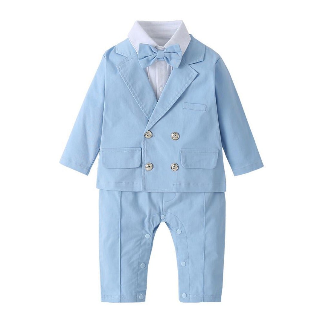 Baby boy sky blue romper, white shirt, and blazer 3-piece formal suit set.