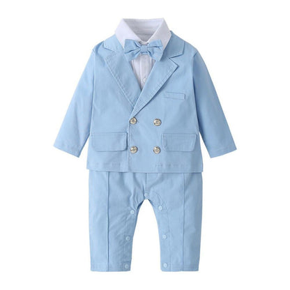 Baby boy sky blue romper, white shirt, and blazer 3-piece formal suit set.