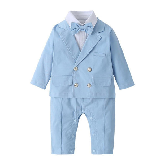Baby boy sky blue romper, white shirt, and blazer 3-piece formal suit set.