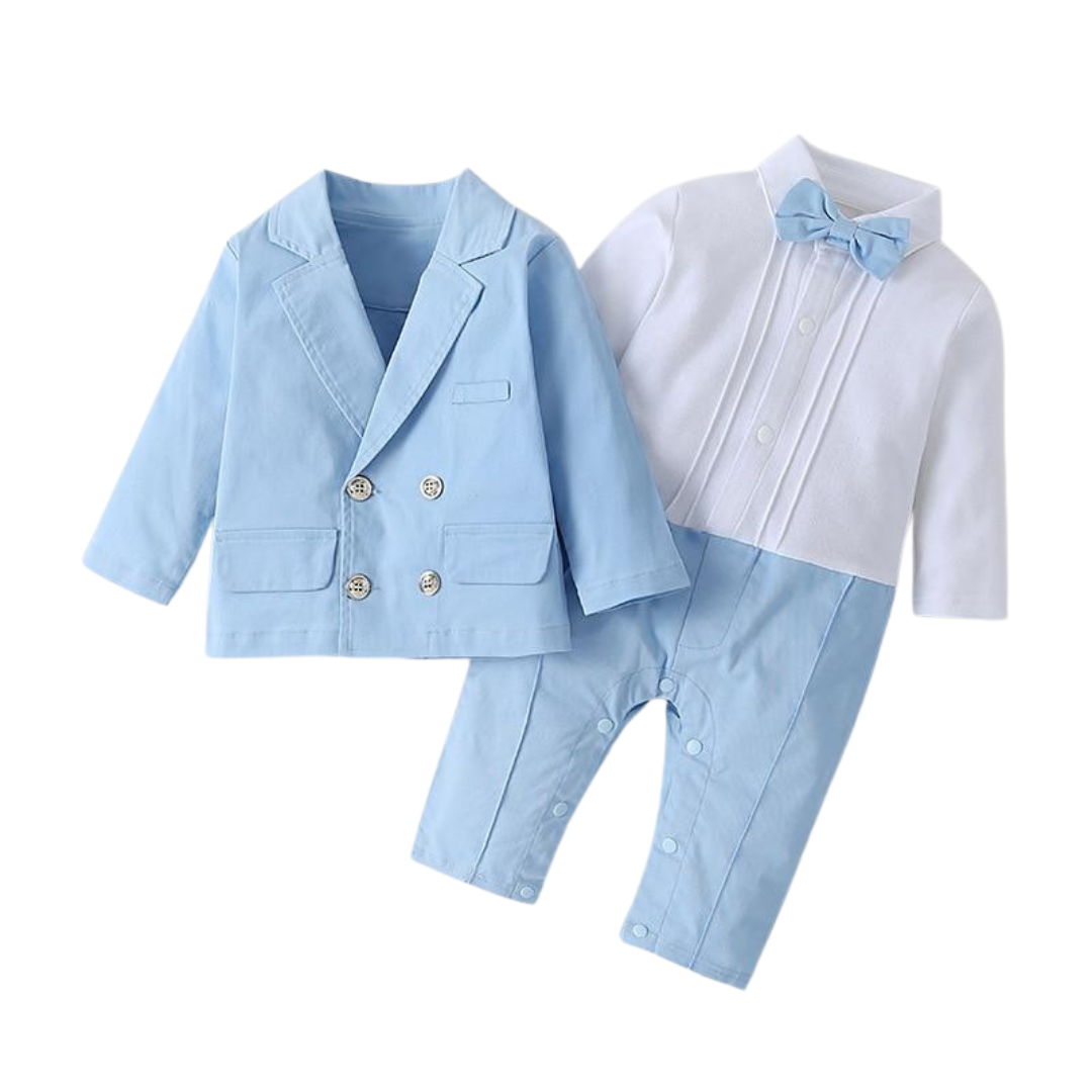 Gentleman baby wearing sky blue romper and blazer set with bow tie for occasions.