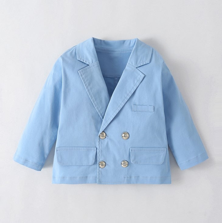 Infant formal outfit: sky blue romper, white button-up, and matching blazer for boys.