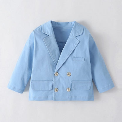 Infant formal outfit: sky blue romper, white button-up, and matching blazer for boys.