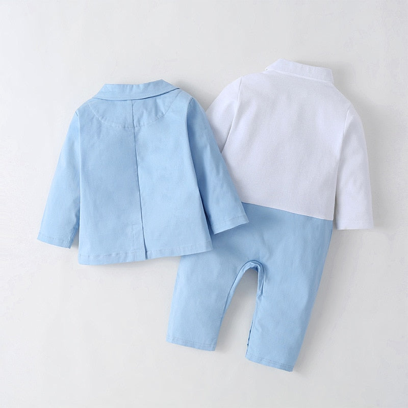 Toddler cotton baby boy suit in sky blue with romper, shirt, and blazer for events.