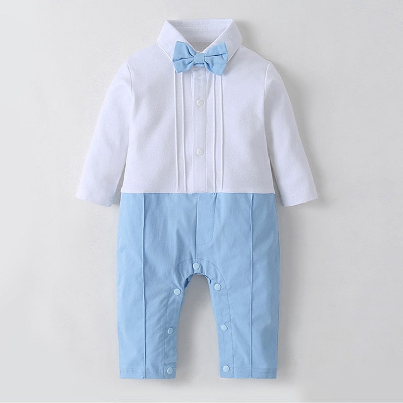 3-piece baby boy formal wear set: sky blue romper, white shirt, and blazer with bow tie.