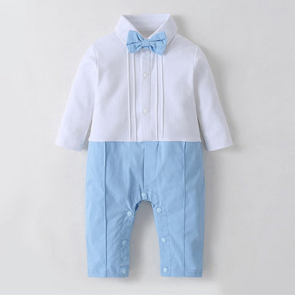 3-piece baby boy formal wear set: sky blue romper, white shirt, and blazer with bow tie.