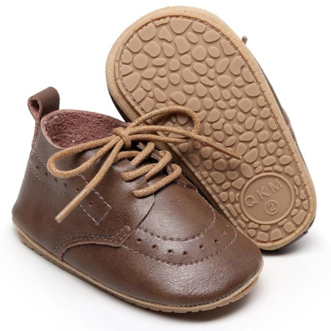 Toddler boy lace-up leather first walker shoes with anti-slip sole for safe steps