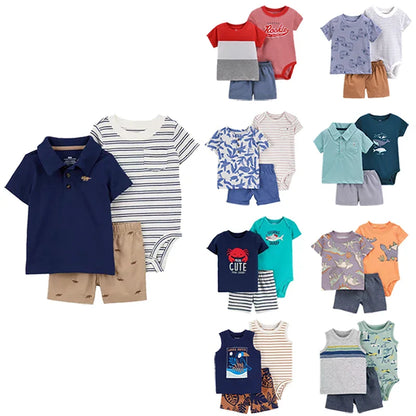 Baby boy summer outfit set: white t-shirt, blue shorts, elephant print bodysuit for infants