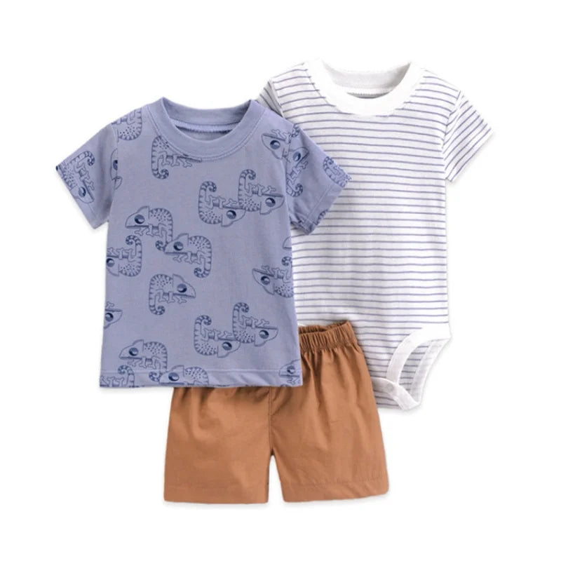 Overhead view of the 3-piece baby boy summer outfit set on a white background