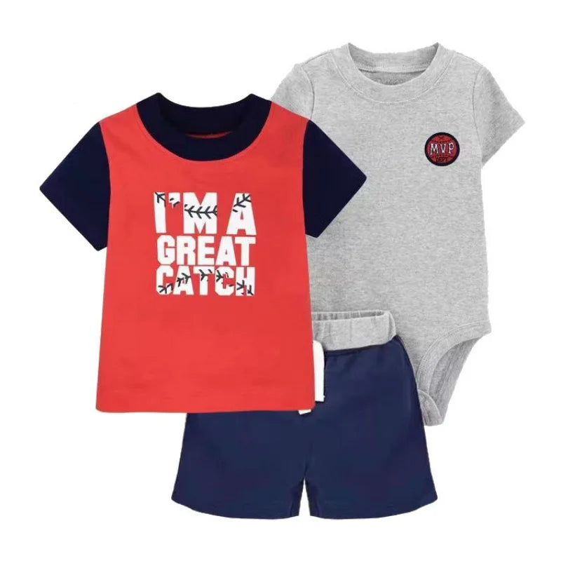 Baby boy summer outfit set with contrasting white t-shirt and blue shorts, cute bodysuit
