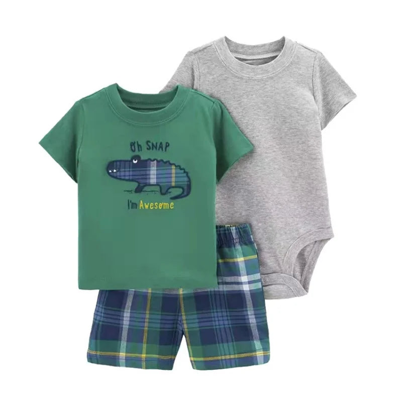 Essential baby boy summer wear: cotton t-shirt, pull-on shorts, and snap-closure bodysuit