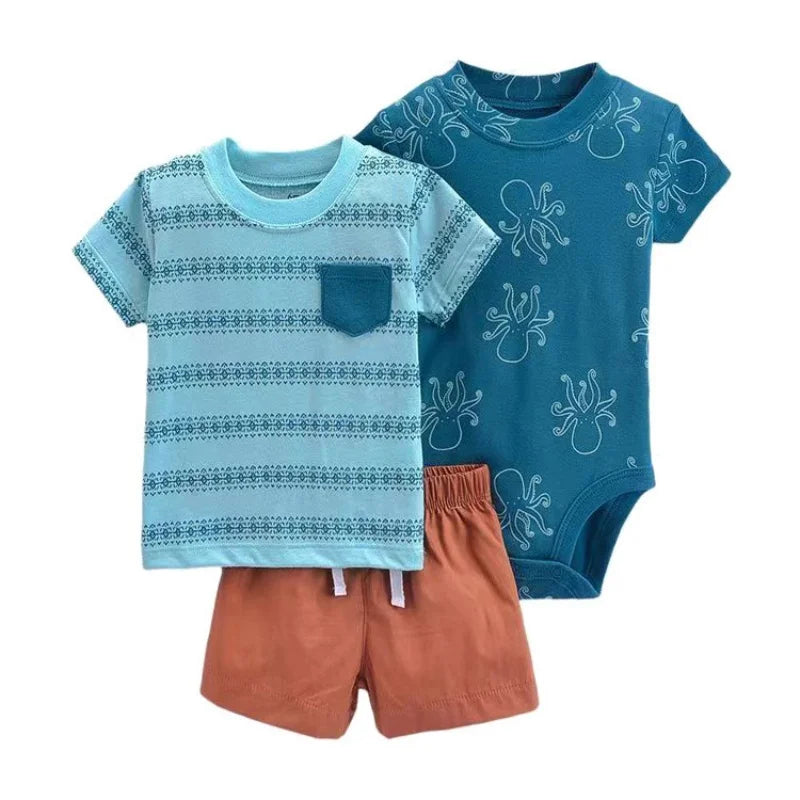 Baby boy summer apparel with a playful elephant graphic on the white t-shirt