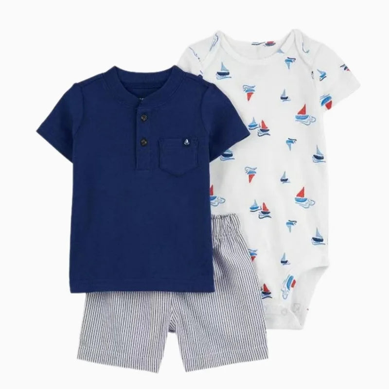 Stylish baby boy summer outfit featuring a striped elephant bodysuit in cotton
