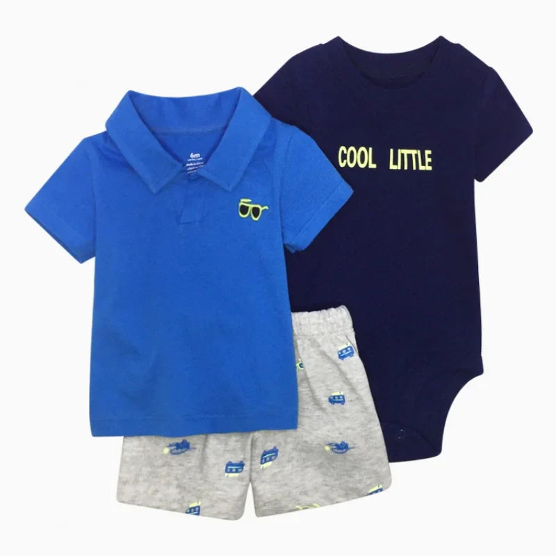 Baby boy's full 3-piece summer set: t-shirt, shorts, and bodysuit laid out flat