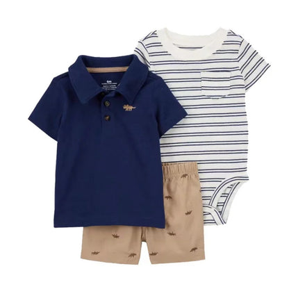 Three-piece cotton baby boy summer clothing set with t-shirt, shorts, and cute bodysuit