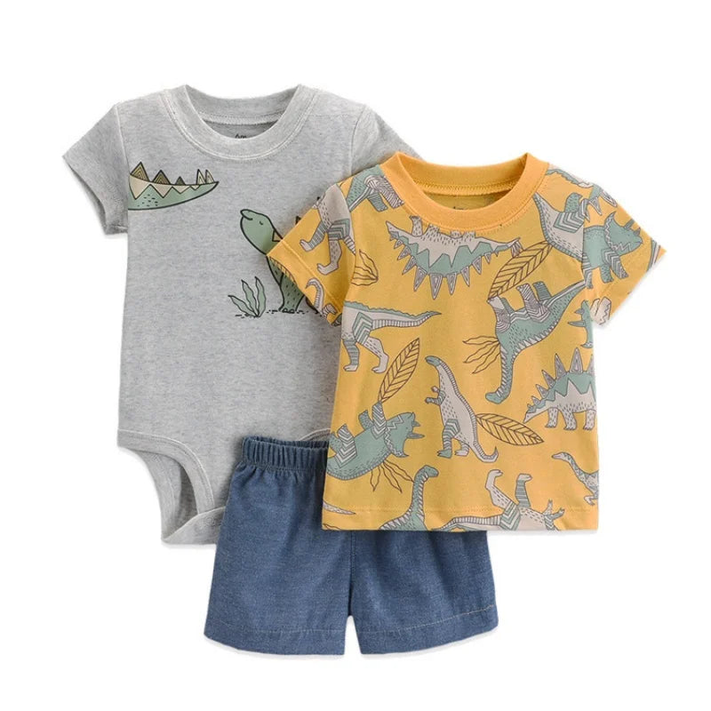 Newborn baby boy summer outfit in soft cotton, featuring a t-shirt, shorts, and bodysuit
