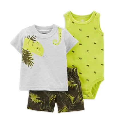 Infant boy summer playwear set: white short-sleeve t-shirt, blue elastic shorts, animal bodysuit