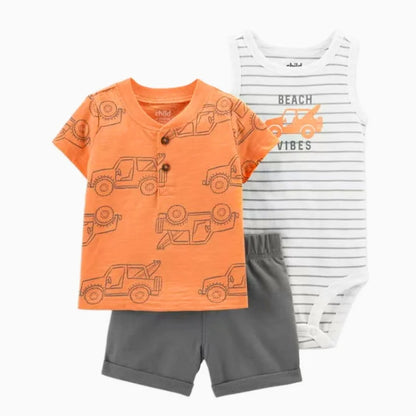 Cute baby boy summer fashion set: cotton t-shirt, comfy shorts, and patterned bodysuit