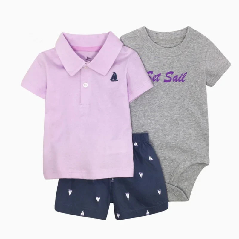 Close-up of baby boy's white cotton t-shirt from a 3-piece summer outfit set
