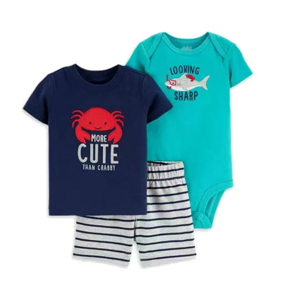 Elephant print cotton bodysuit for baby boys, included in a summer 3-piece apparel set