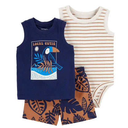 Baby boy summer outfit set, neatly folded, showcasing the t-shirt, shorts, and bodysuit