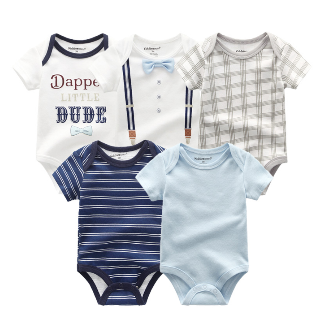 Baby boys' 5-pack cotton short sleeve onesies set with various prints & solids, newborn essentials.