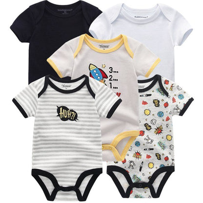 Detailed view of the snap closures on a baby boy's cotton short sleeve bodysuit.