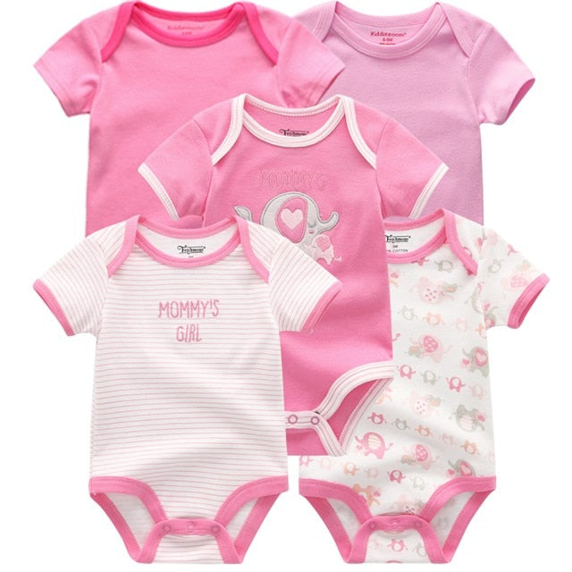 Set of baby boy's 5 cotton short sleeve onesies with animal prints and solid colors, autumn clothes.