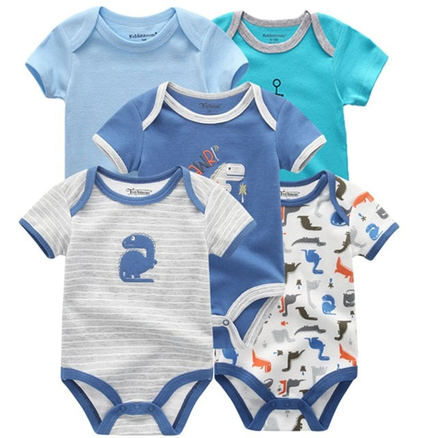 Open 5-pack of baby boy cotton short sleeve onesies showing various designs for newborns.