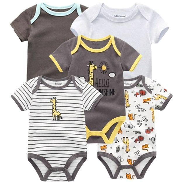 Close-up of a cute graphic print on a comfortable cotton short sleeve onesie for baby boys.