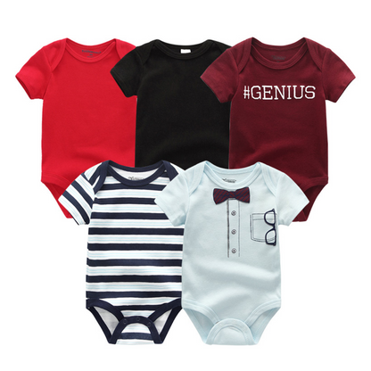Close-up of a blue printed cotton short sleeve onesie from the baby boy multipack set.