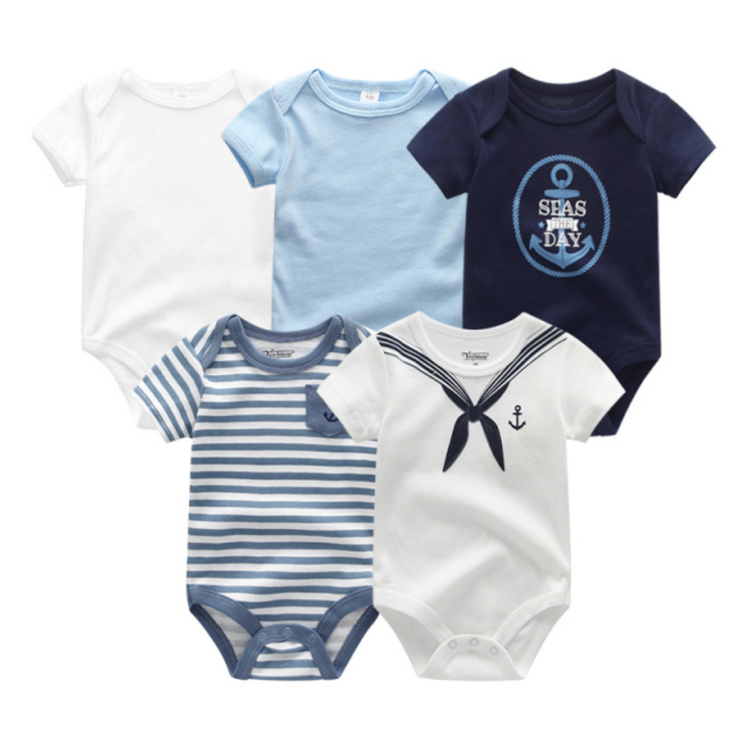 White plain baby onesie from the 5-pack cotton short sleeve set, comfortable infant clothing.