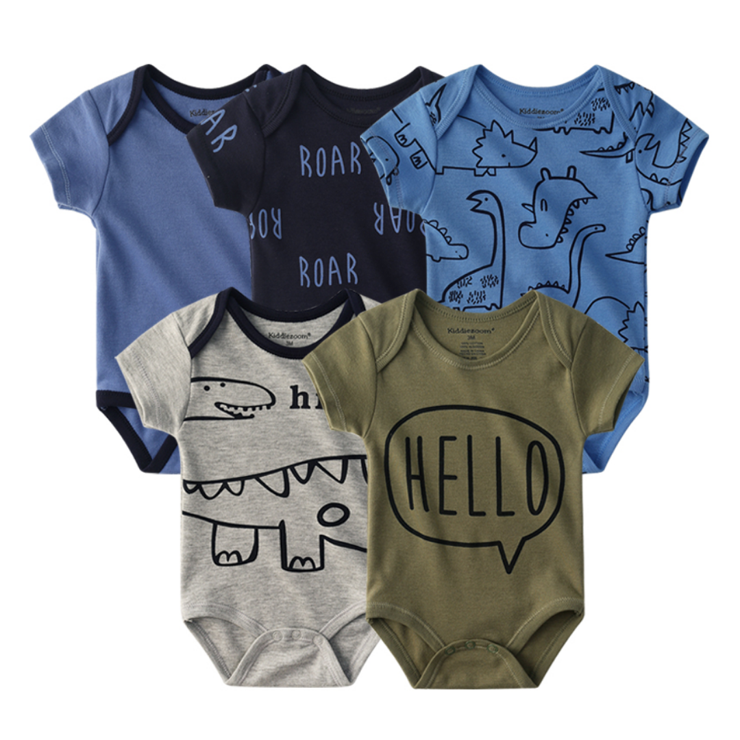 Green striped short sleeve bodysuit for baby boys, included in the versatile 5-pack set.