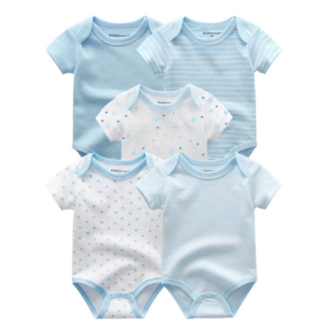 Arrangement of five assorted cotton short sleeve onesies for baby boys, plain and printed.